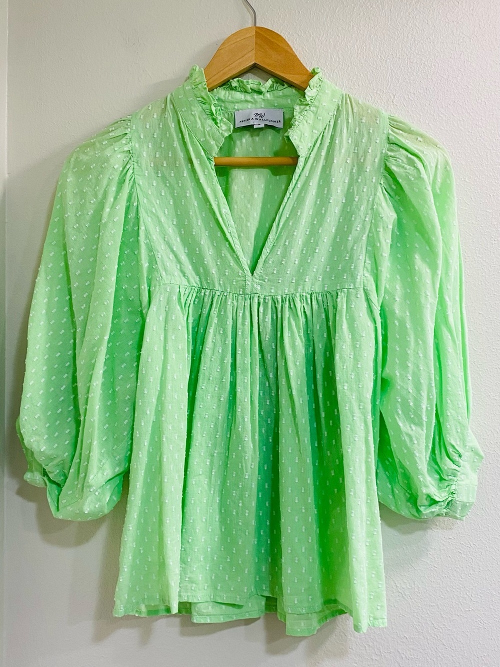 Never A Wallflower Light Green Swiss Dot Peasant Tunic
